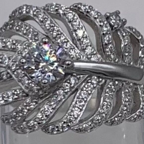 Ring, solid 925 sterling, feather motif, lab created gems, sz 7 - Picture 3 of 16